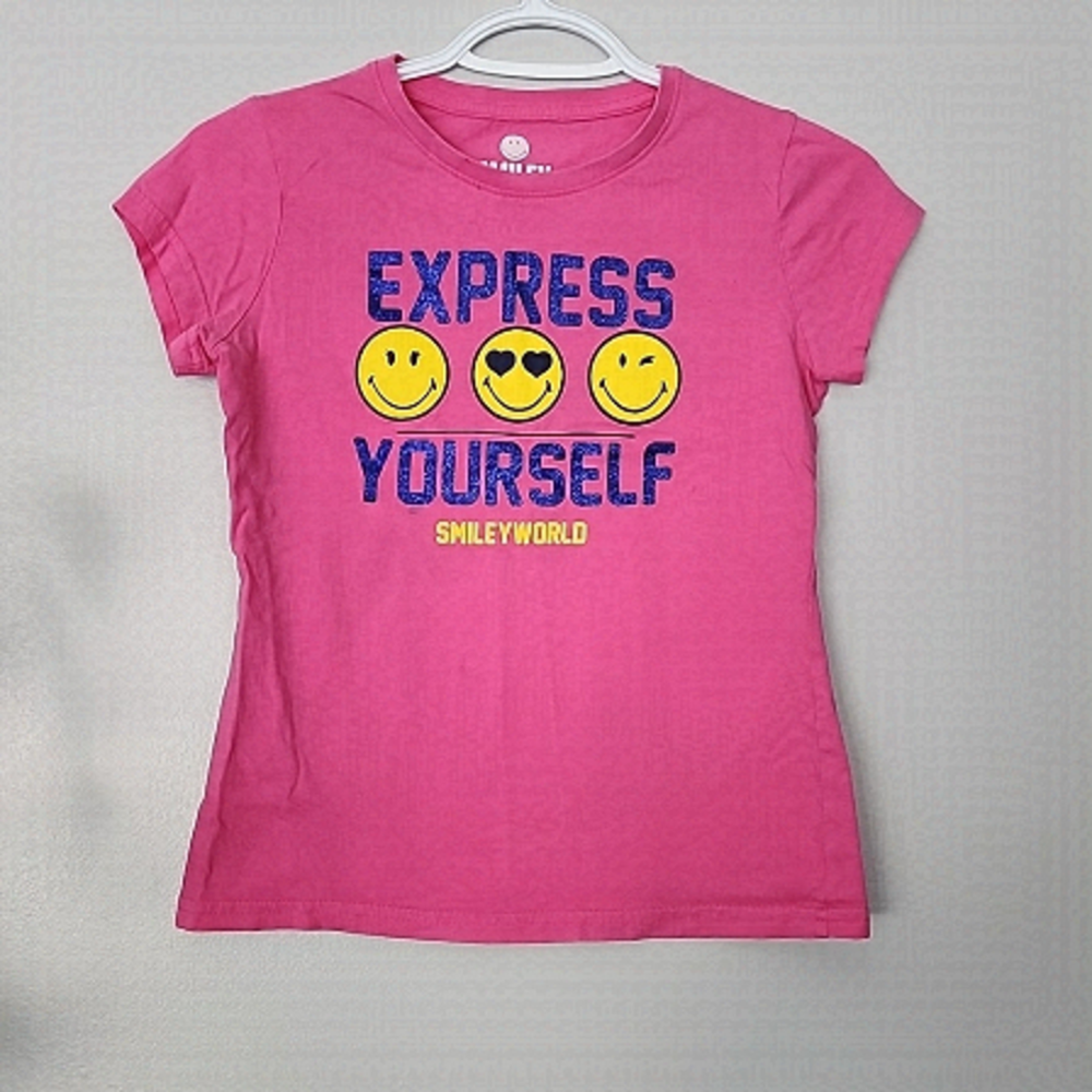 SMILEY world smiley face pink blue sparkle top t-shirt 12 14 Large